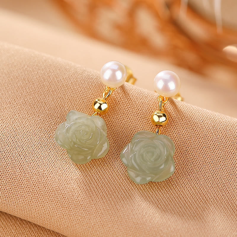 Buddha Stones d'oreilles porte-bonheur en argent sterling 925 plaqué or et jade rose avec perles de jade cyan