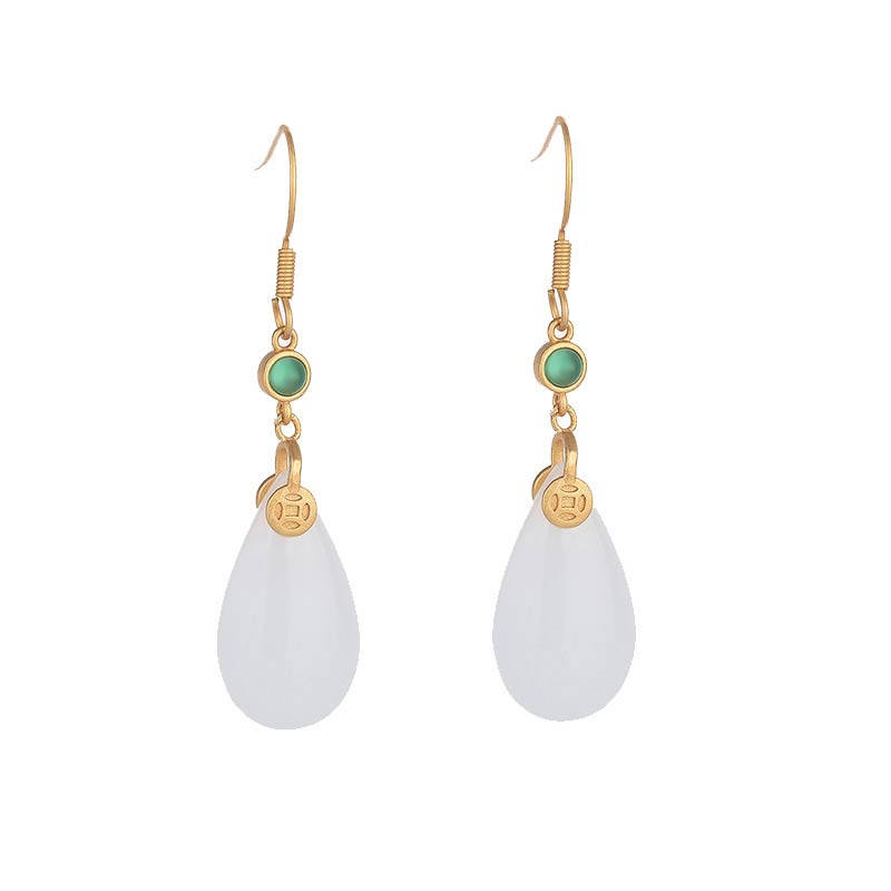 Boucles d'oreilles pendantes porte-bonheur en jade blanc Feng Shui Buddha Stones