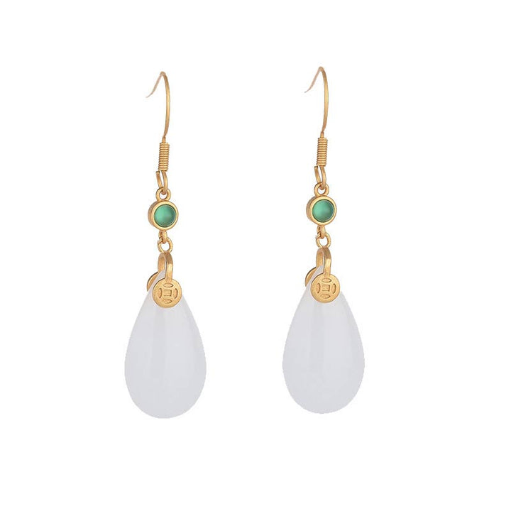 Boucles d'oreilles pendantes porte-bonheur en jade blanc Feng Shui Buddha Stones