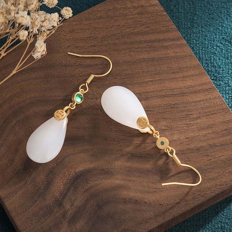 Boucles d'oreilles pendantes porte-bonheur en jade blanc Feng Shui Buddha Stones