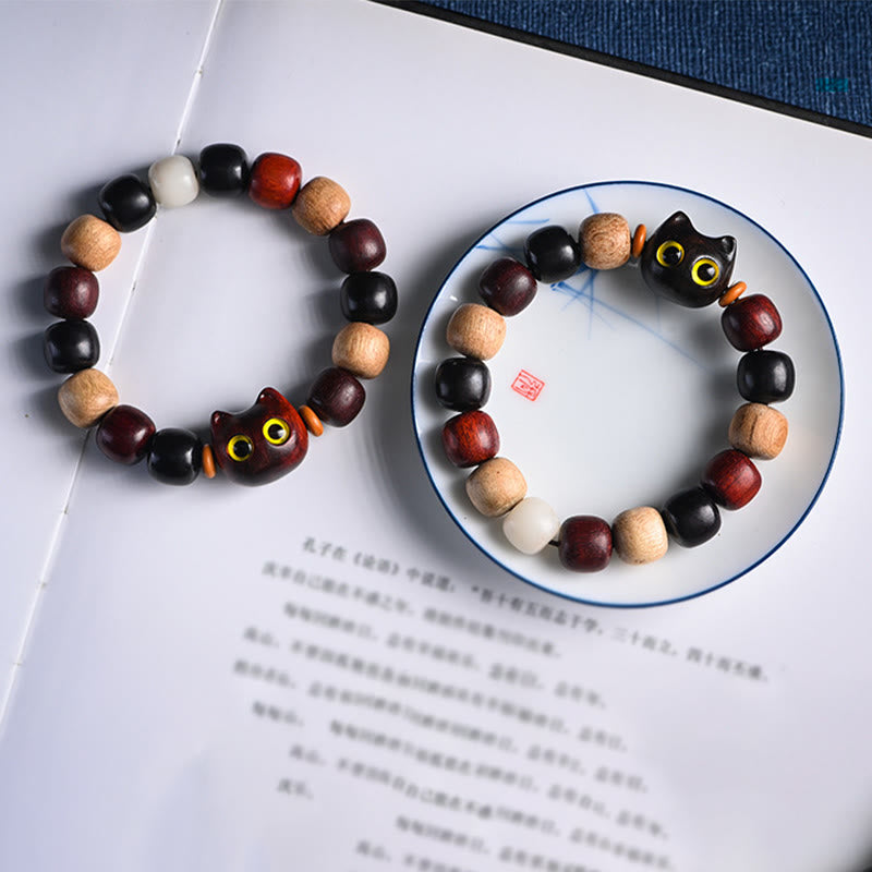 Bracelet de protection gravé en bois de santal rouge et ébène avec petites feuilles de Buddha Stones et chat mignon - image 22