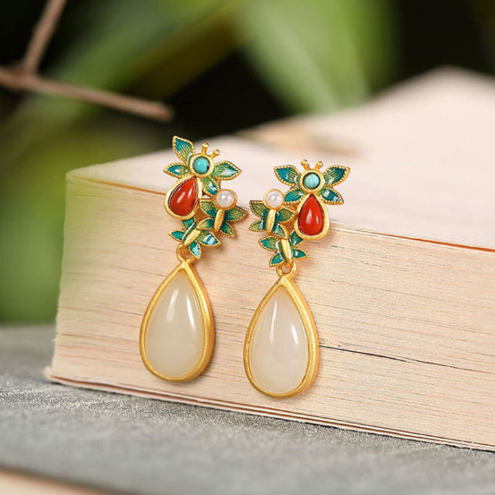Boucles d'oreilles pendantes en forme de goutte d'eau Buddha Stones, jade blanc, agate rouge, papillon, protection