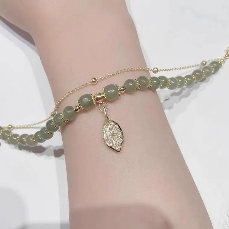 Bracelet de perles porte-bonheur en Buddha Stones, feuille de jade, ginkgo, tulipe, arachide, personnage Fu