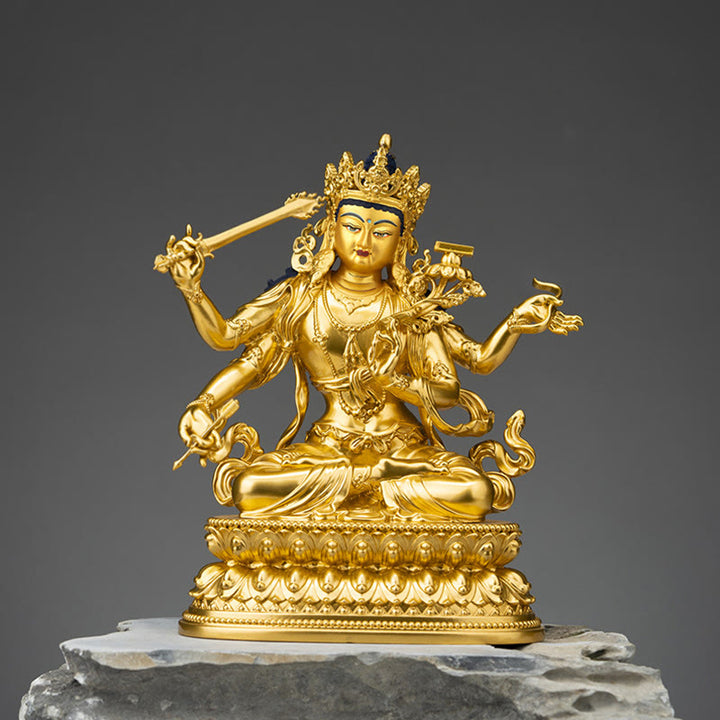Figurine en or du Bodhisattva Manjusri à quatre bras, statue en cuivre de la compassion et de la sérénité, décoration de la maison - Bodhisattva Manjusri à visage peint et à quatre bras - 20 x 10 x 7 cm - image 0