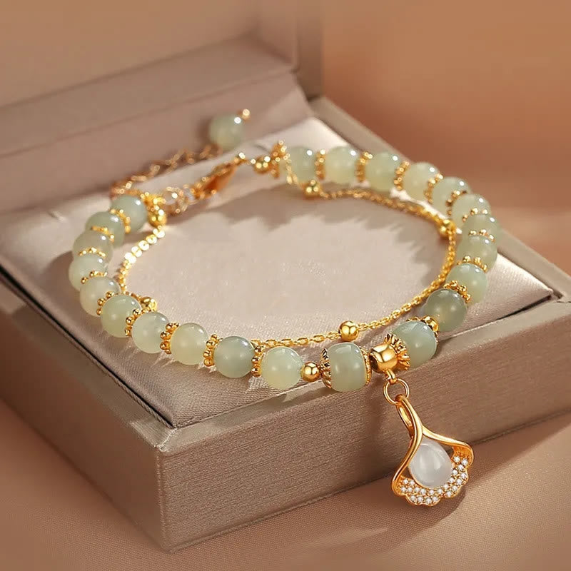 Bracelet de perles porte-bonheur en Buddha Stones, feuille de jade, ginkgo, tulipe, arachide, personnage Fu