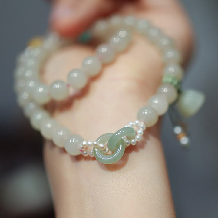 Bracelet double tour en argent sterling 925 Buddha Stones et jade Hetian, boucle double paix, lotus porte-bonheur