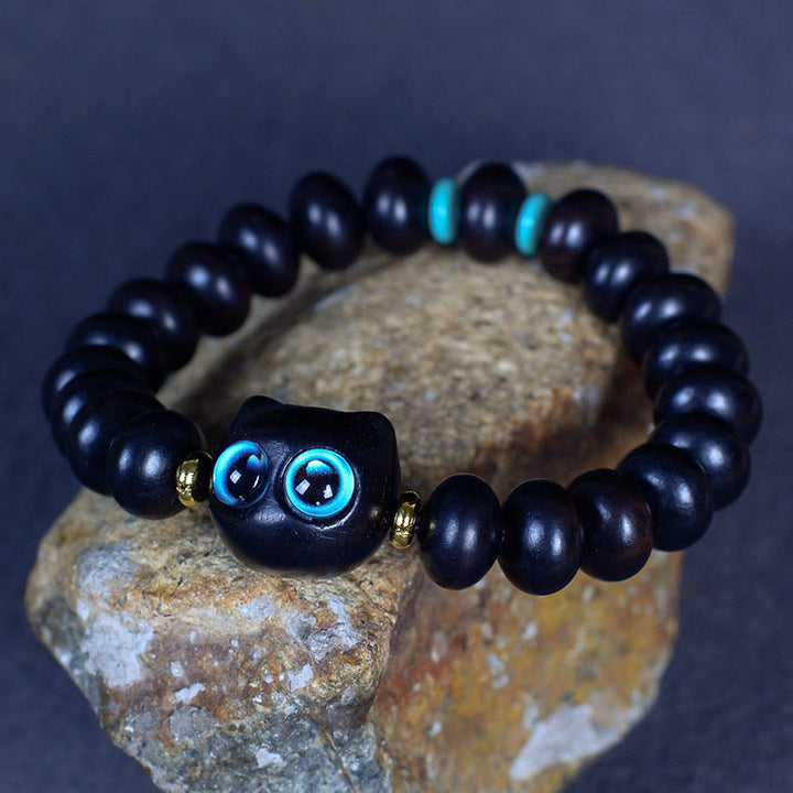 Bracelet Buddha Stones Bois d'ébène Verre Liuli Joli Chat Paix Équilibre - image 5