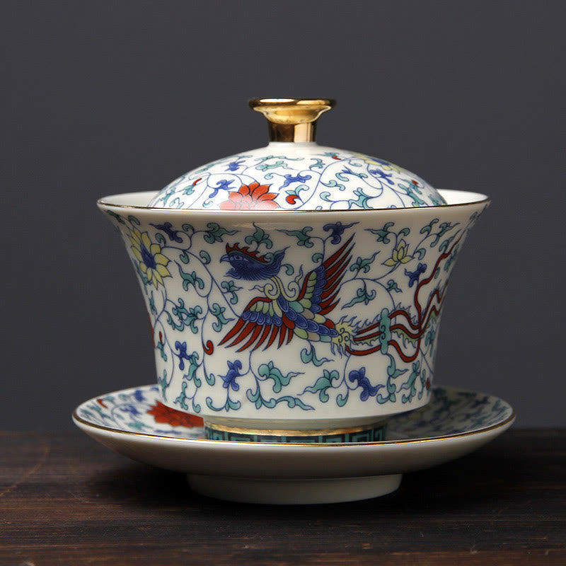 Buddha Stones Rétro Fleur de Prunier Pin Bambou Phénix Kirin Céramique Gaiwan Sancai Tasse à Thé Kung Fu Tasse à Thé et Soucoupe avec Couvercle