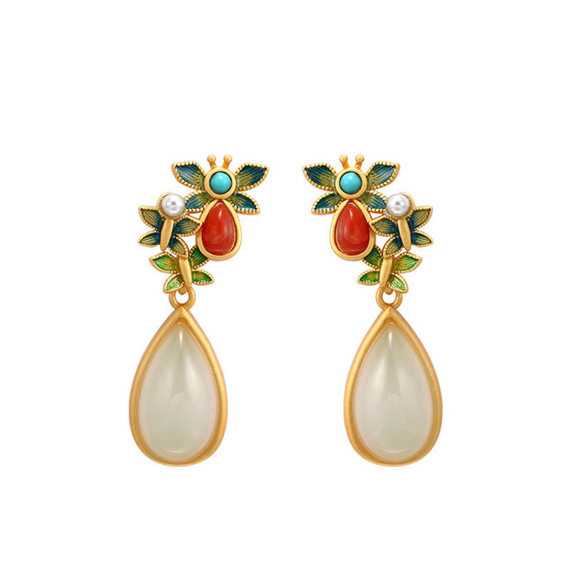 Boucles d'oreilles pendantes en forme de goutte d'eau Buddha Stones, jade blanc, agate rouge, papillon, protection