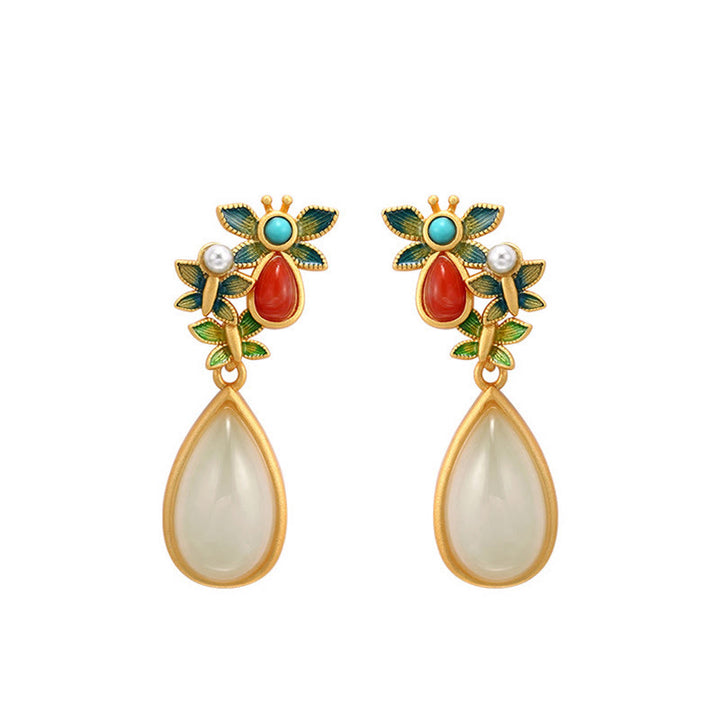 Boucles d'oreilles pendantes en forme de goutte d'eau Buddha Stones, jade blanc, agate rouge, papillon, protection