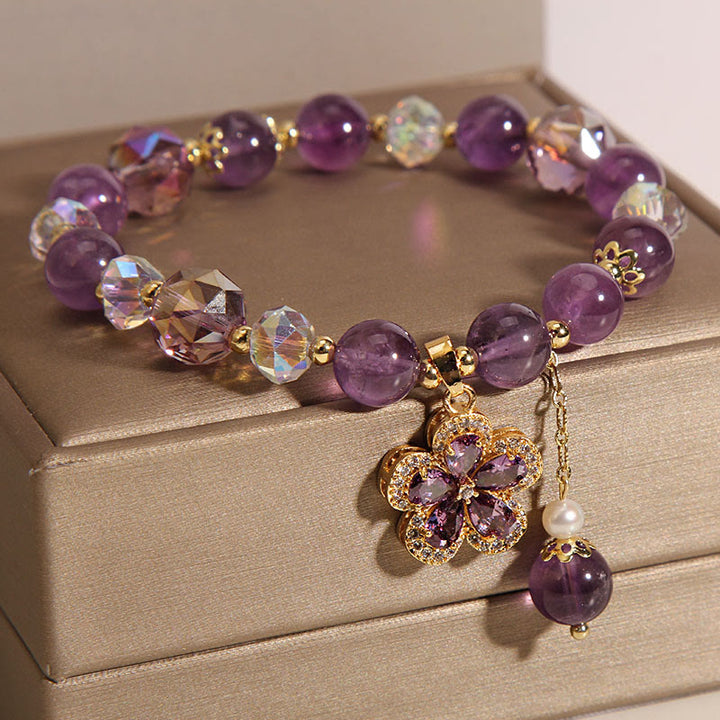 Bracelet de transformation positive avec breloque en forme de fleur et perle d'améthyste naturelle