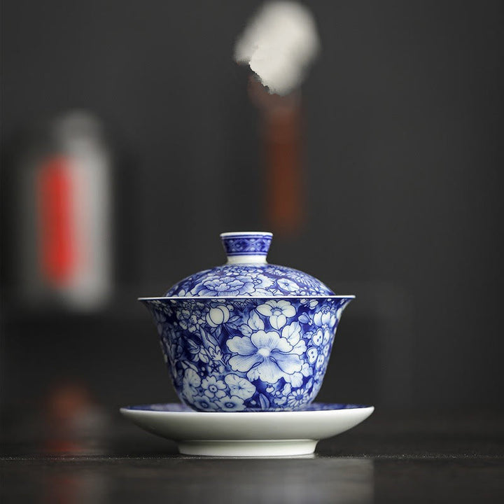 Tasse à thé et soucoupe en porcelaine bleue et blanche vintage en céramique Gaiwan Sancai Kung Fu avec couvercle