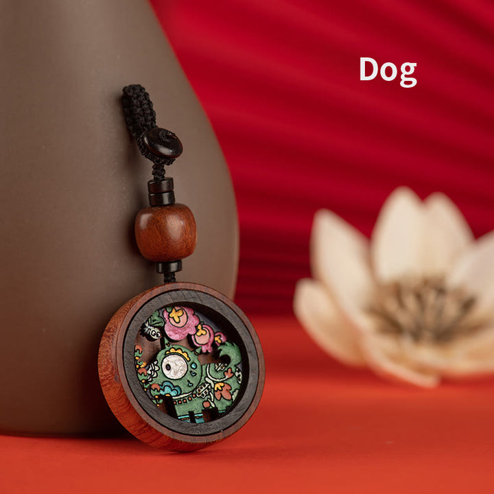 Porte-clés sculpté à la main en bois de rose avec Buddha Stones Année du Dragon Zodiaque chinois peint à la main