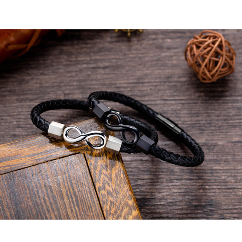 Bracelet d'équilibre en cuir tissé avec nœud sans fin en acier titane et Buddha Stones