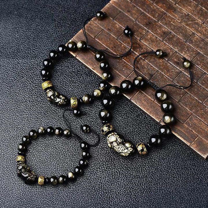 Bracelet tressé en Buddha Stones naturelle dorée et brillante PiXiu Om Mani Padme Hum Wealth