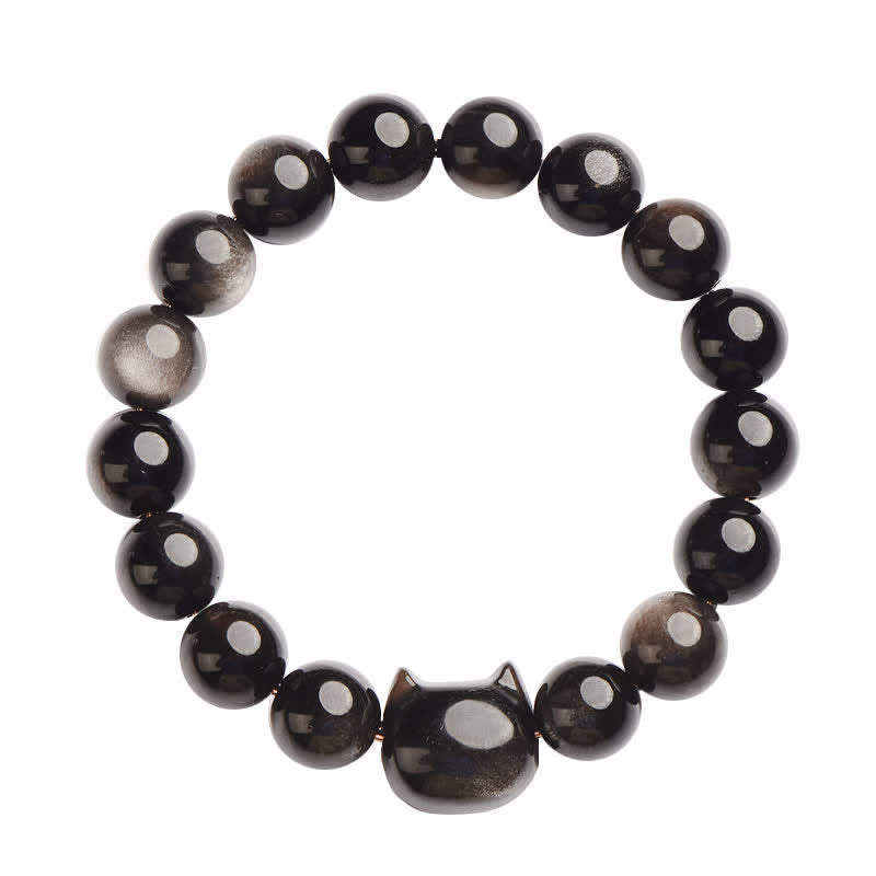 Bracelet de protection porte-bonheur en obsidienne dorée et argentée avec Buddha Stones et jolie patte de chat porte-bonheur - image 30