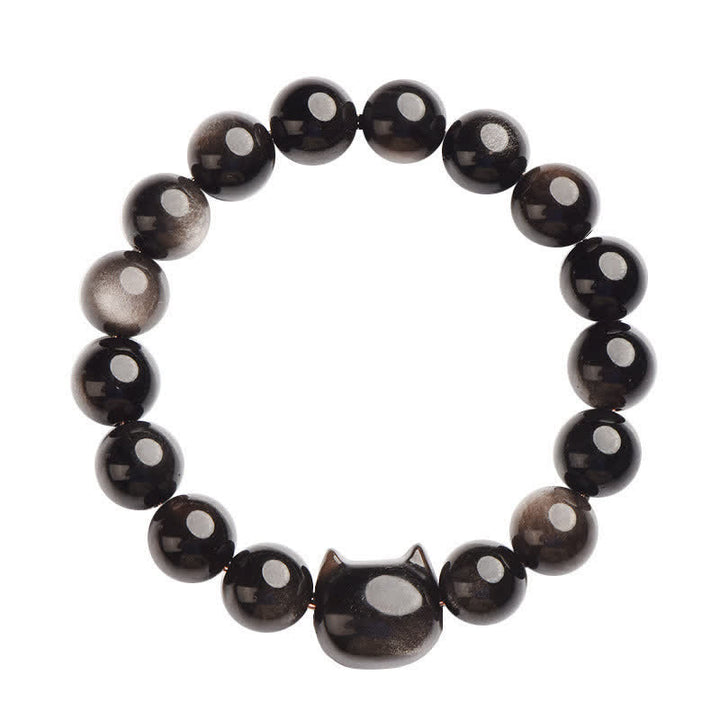 Bracelet de protection porte-bonheur en obsidienne dorée et argentée avec Buddha Stones et jolie patte de chat porte-bonheur - image 30