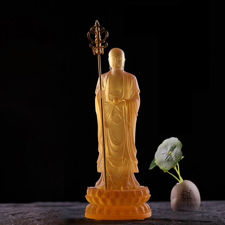 Buddha Stones faites à la main Ksitigarbha Bodhisattva Figurine Liuli Cristal Pièce d'art Statue de sérénité Décoration de la maison