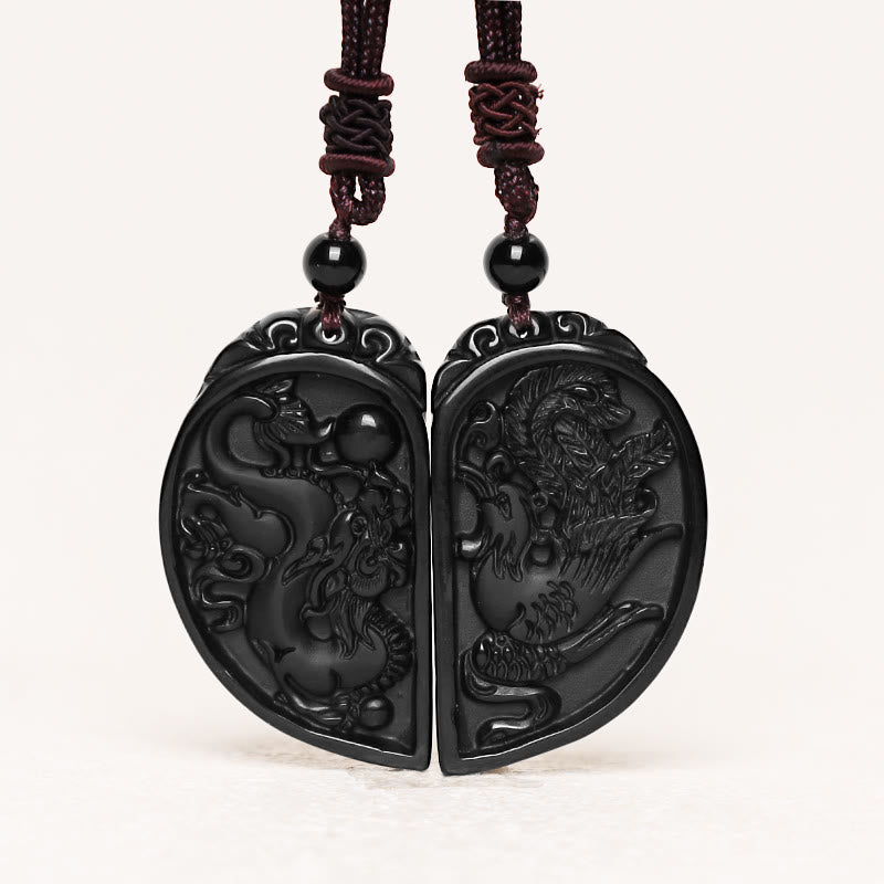 Collier pendentif de protection Dragon Phoenix en obsidienne noire avec Buddha Stones - image 2