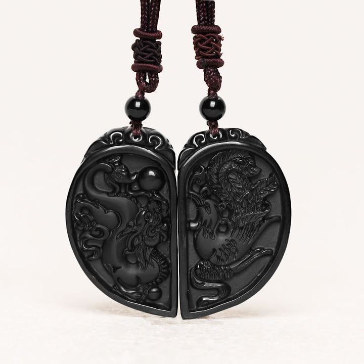 Collier pendentif de protection Dragon Phoenix en obsidienne noire avec Buddha Stones - image 2