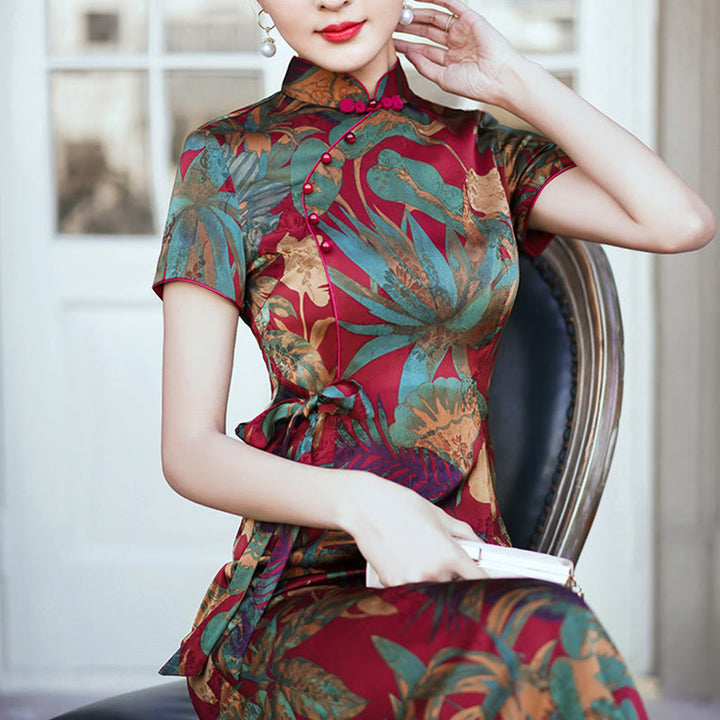 Robe Qipao en soie avec Buddha Stones, motif rétro de feuilles de fleurs, robe cheongsam pour femme