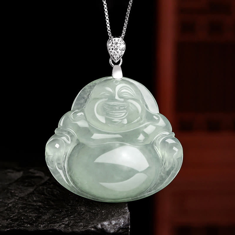 Collier Buddha Stones rieur en jade naturel, pierre de Bouddha, symbole de prospérité et d'abondance, chaîne en acier titane. - Bouddha rieur (Bonheur ♥ Richesse) - image 0