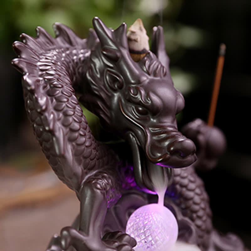 Fontaine à fumée à reflux en céramique avec Buddha Stones et dragon de bon augure, brûleur d'encens de guérison et de méditation, boule à LED décorative