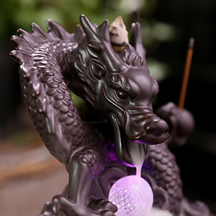 Fontaine à fumée à reflux en céramique avec Buddha Stones et dragon de bon augure, brûleur d'encens de guérison et de méditation, boule à LED décorative