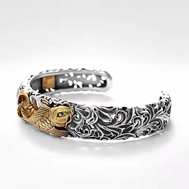 Bracelet de prospérité et de richesse avec motif de poisson Koi et d'herbe de Buddha Stones
