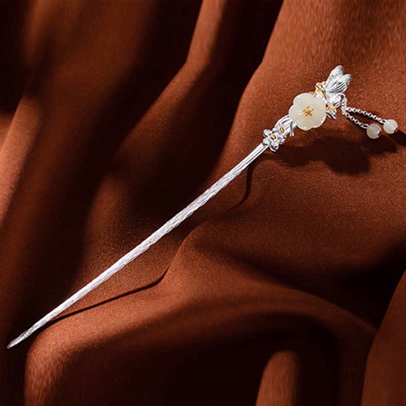Épingle à cheveux en argent sterling 925 avec fleur de jade blanc Hetian
