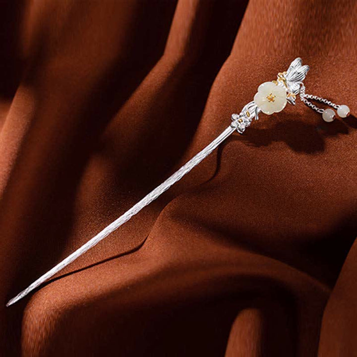 Épingle à cheveux en argent sterling 925 avec fleur de jade blanc Hetian