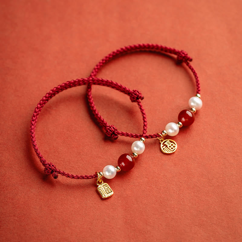 Bracelet tressé en fil rouge avec perles d'agate et personnage Fu en argent sterling 925 et Buddha Stones
