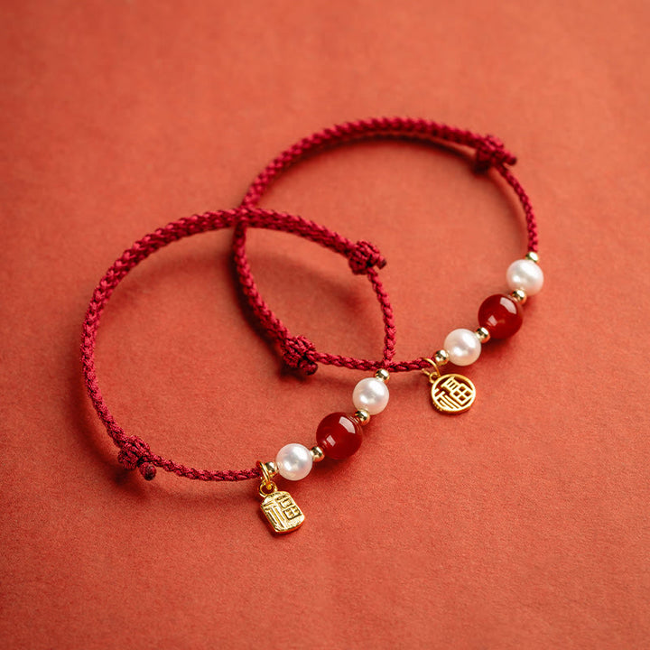 Bracelet tressé en fil rouge avec perles d'agate et personnage Fu en argent sterling 925 et Buddha Stones