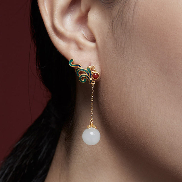 Boucles d'oreilles pendantes en jade blanc et agate rouge vintage Buddha Stones