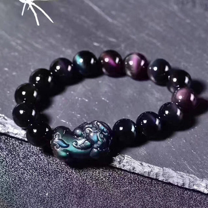Bracelet porte-bonheur FengShui PiXiu en obsidienne arc-en-ciel avec Buddha Stones