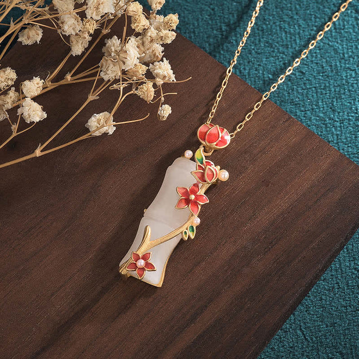 Collier pendentif en jade blanc et bambou avec Buddha Stones et fleurs de lotus pour la protection de la chance - image 3