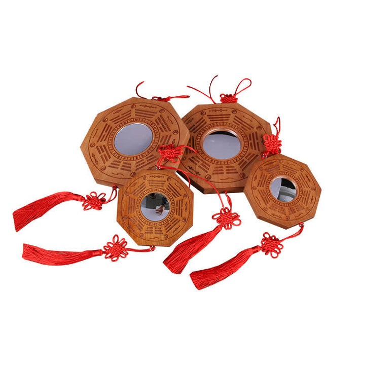 Carte Feng Shui Bagua Pièces de monnaie des cinq empereurs en bois de pêche Nœud chinois Carte énergétique d'équilibre Miroir - image 16