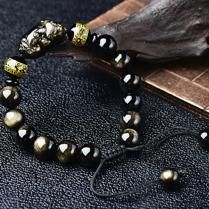 Bracelet tressé en Buddha Stones naturelle dorée et brillante PiXiu Om Mani Padme Hum Wealth