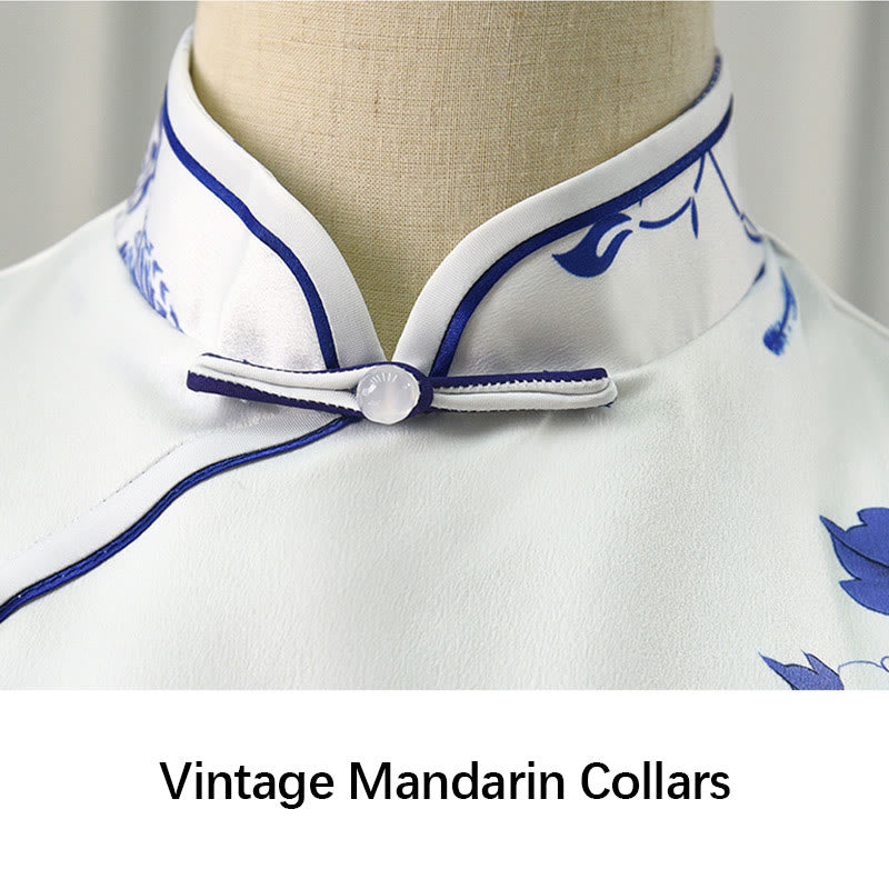 Robe Qipao pour femme en porcelaine bleue et blanche avec motif de fleurs de pivoine et pierres de Buddha Stones - image 9