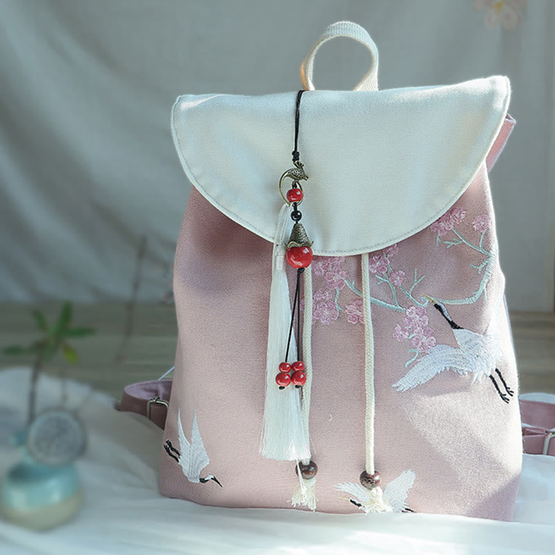 Sac à dos en toile de grande capacité brodé à la main avec Buddha Stones - Grue blanche cerise - image 31
