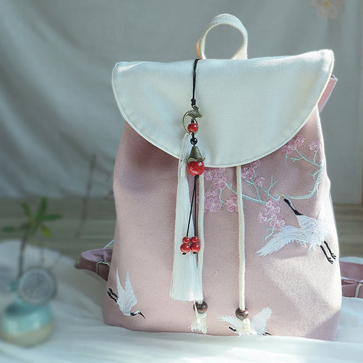 Sac à dos en toile de grande capacité brodé à la main avec Buddha Stones - Grue blanche cerise - image 31