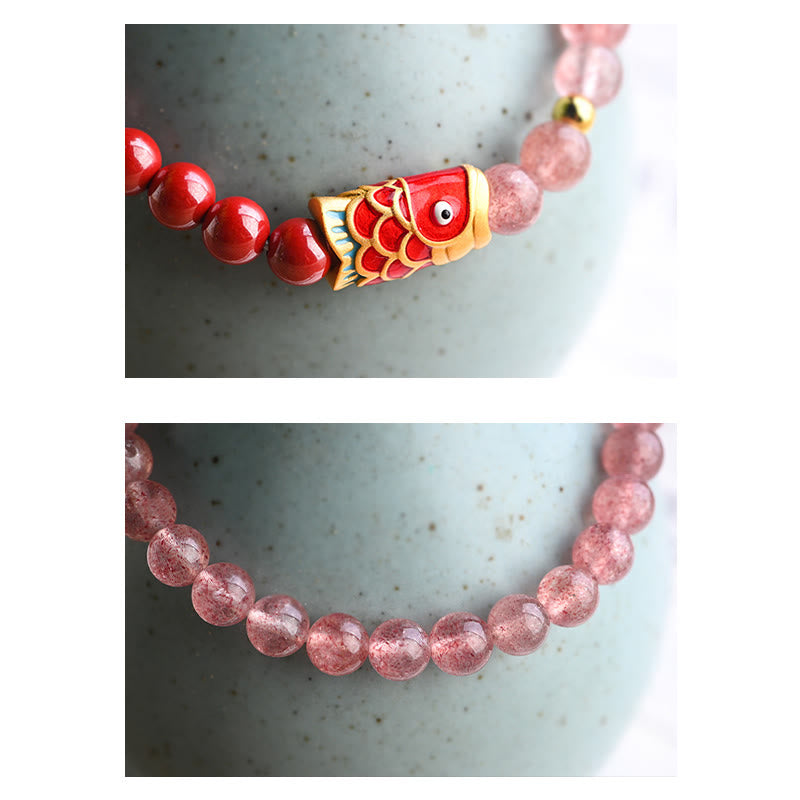 Bracelet de guérison porte-bonheur en quartz fraise et cinabre en Buddha Stones