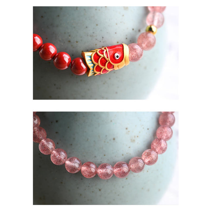 Bracelet de guérison porte-bonheur en quartz fraise et cinabre en Buddha Stones