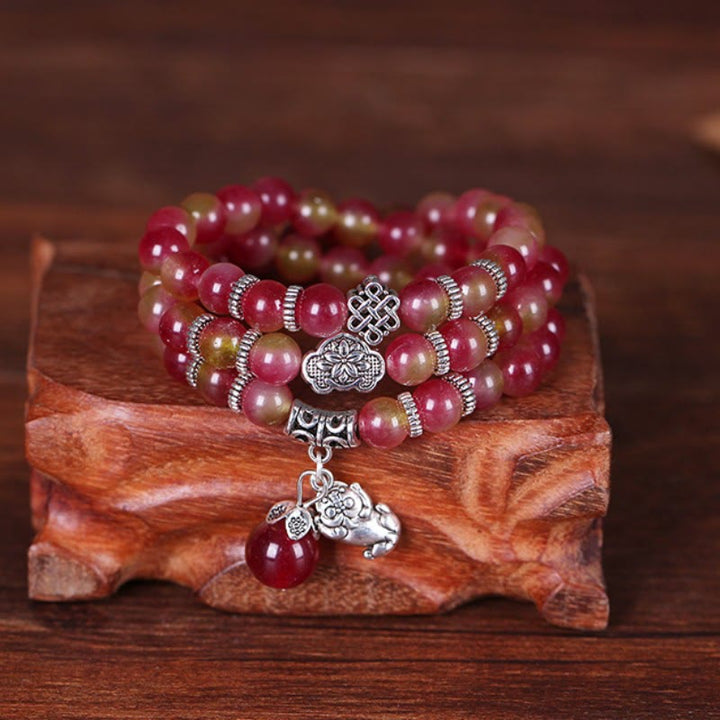 Bracelet triple tour positif en Buddha Stones, tourmaline pastèque naturelle PiXiu Elephant