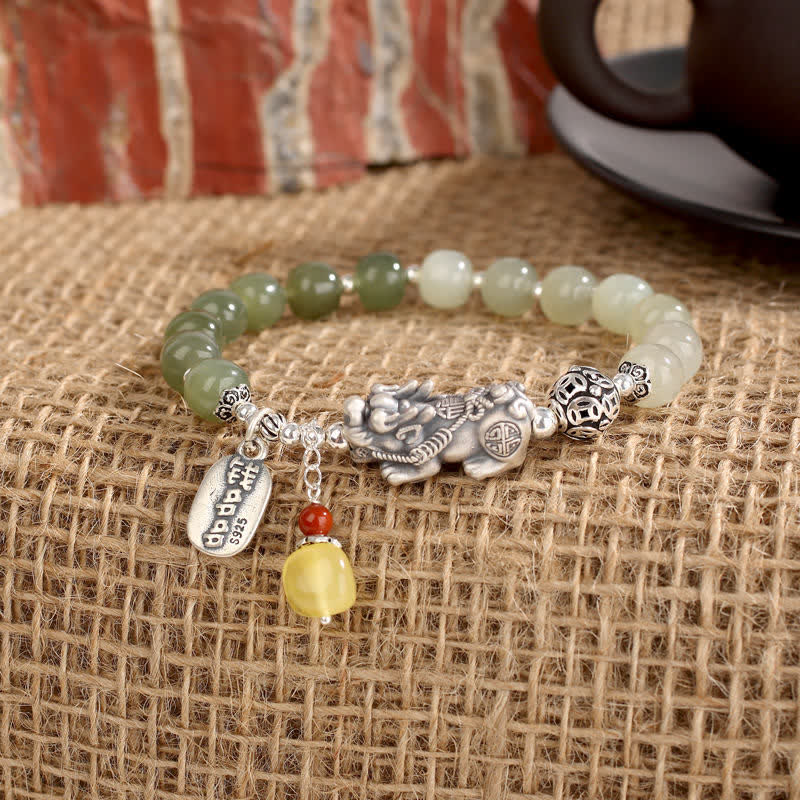 Bracelet porte-bonheur PiXiu en argent sterling 925 et jade Hetian naturel avec Buddha Stones