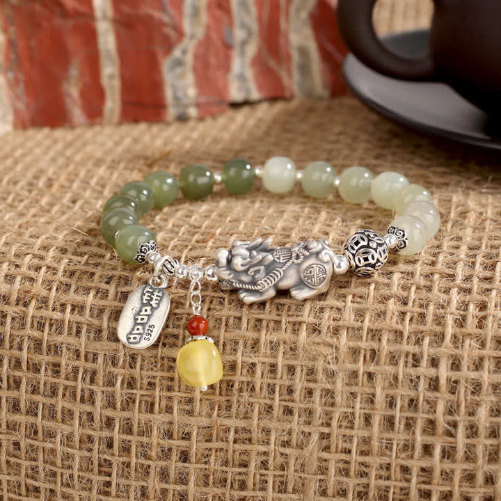 Bracelet porte-bonheur PiXiu en argent sterling 925 et jade Hetian naturel avec Buddha Stones
