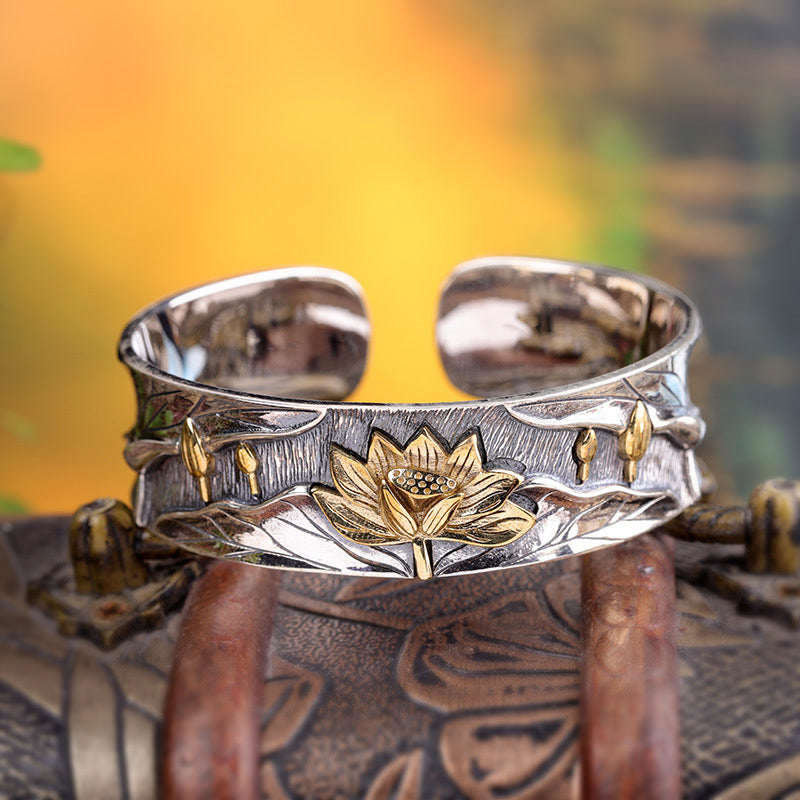 Bracelet réglable en argent sterling 925 Buddha Stones et fleur de lotus