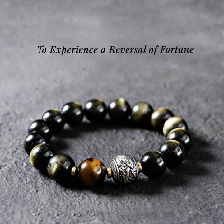 Buddha Stones pour vivre un renversement de fortune Bracelet de protection en obsidienne arc-en-ciel et or brillant