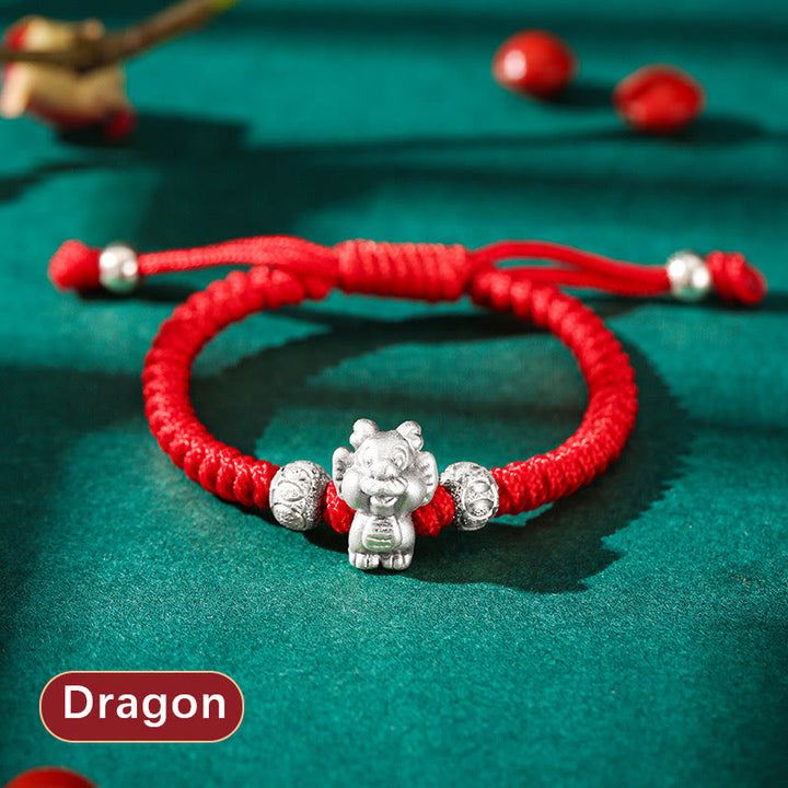 Bracelet pour enfants en argent sterling 999 Buddha Stones et signe du zodiaque chinois, corde rouge, fait à la main - Dragon (Taille du bracelet : 12+4 cm) - image 0