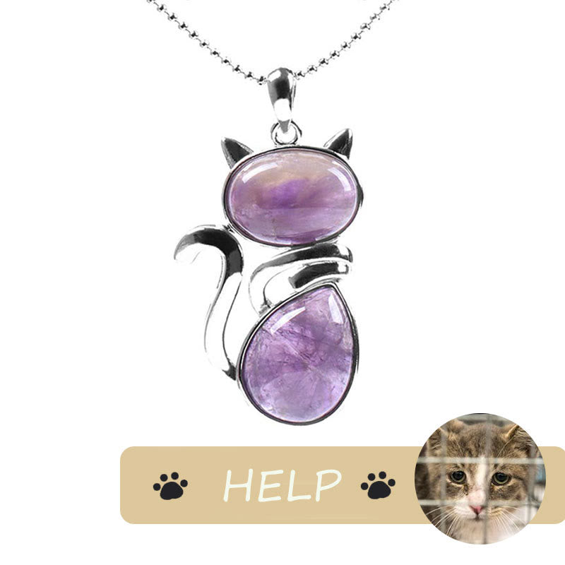 Collier avec pendentif en cristal naturel « Save A Cat » à motif de chat mignon pour protéger les chats - Améthyste - image 5